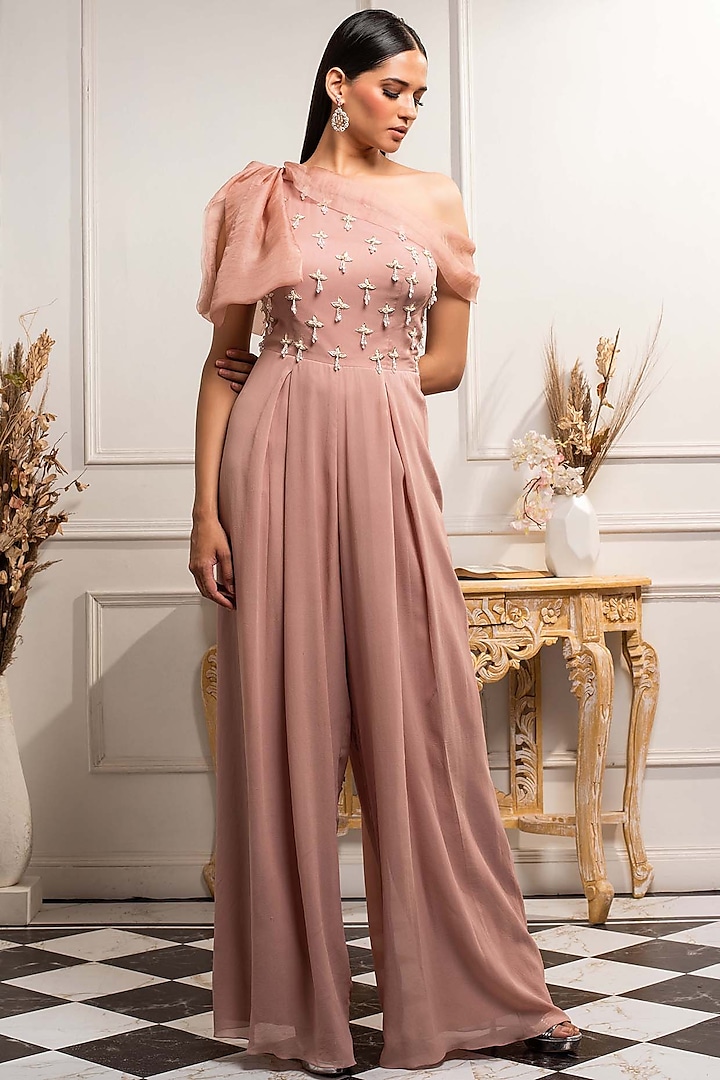 Blush Pink Off Shoulder Jumpsuit With Organza Bow by Seema Thukral