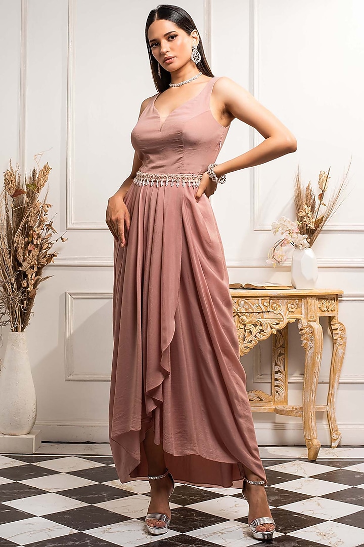 Blush Pink Embellished Pleated Vacation Dress with Belt by Seema Thukral at Pernia's Pop Up Shop