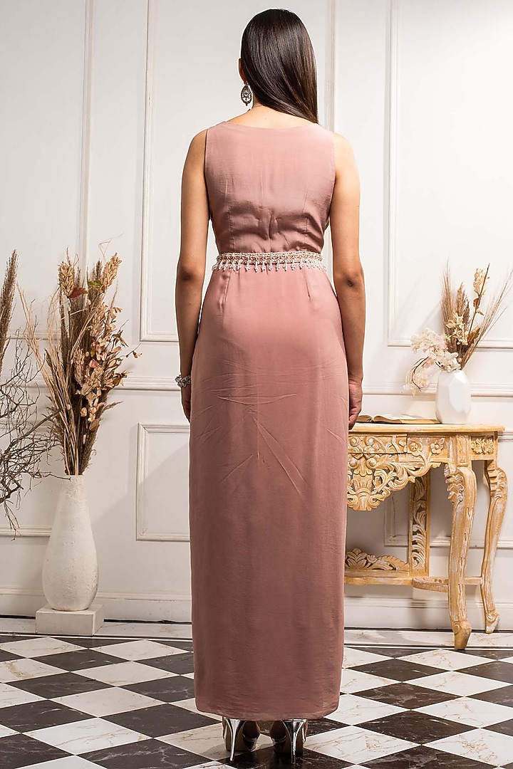Blush Pink Embellished Pleated Vacation Dress with Belt by Seema Thukral at Pernia's Pop Up Shop