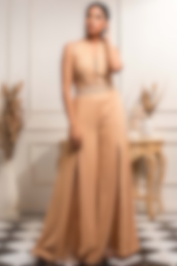 Beige Embroidered Jumpsuit With Belt by Seema Thukral