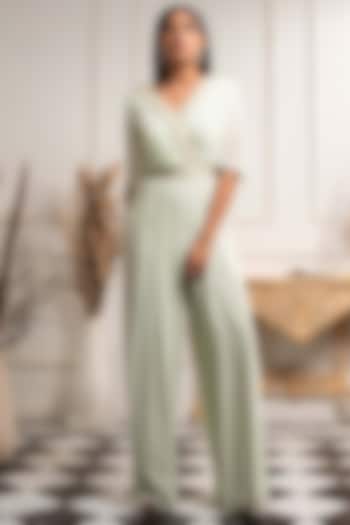 Mint Green Draped Embroidered Jumpsuit With Belt by Seema Thukral