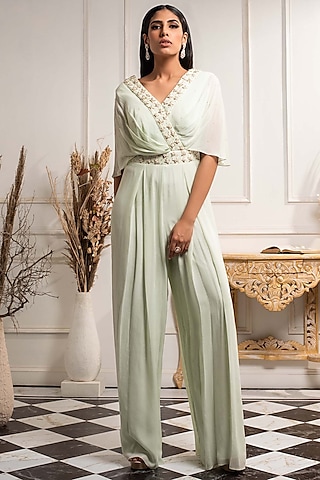Mint Green Draped Embroidered Jumpsuit With Belt by Seema Thukral