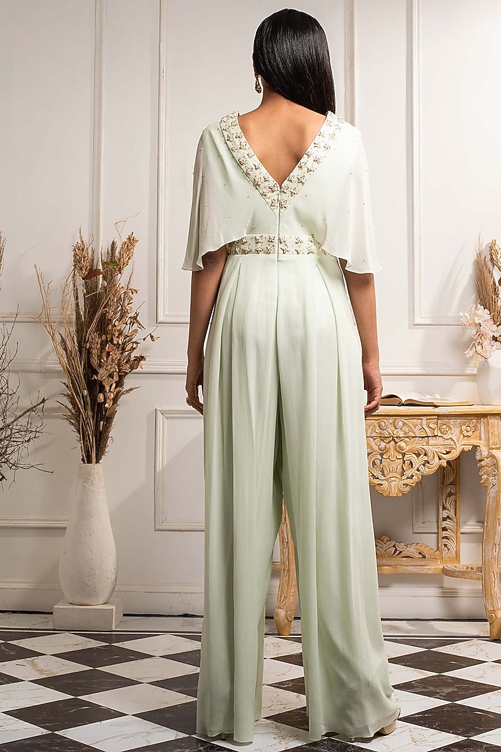 Mint Green Draped Embroidered Jumpsuit With Belt by Seema Thukral at Pernia's Pop Up Shop