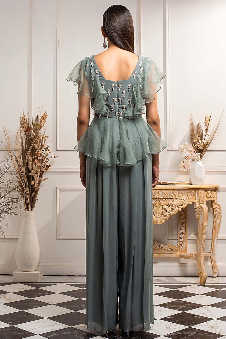 Stone Blue Embroidered Jumpsuit With Ruffles by Seema Thukral at Pernia's Pop Up Shop
