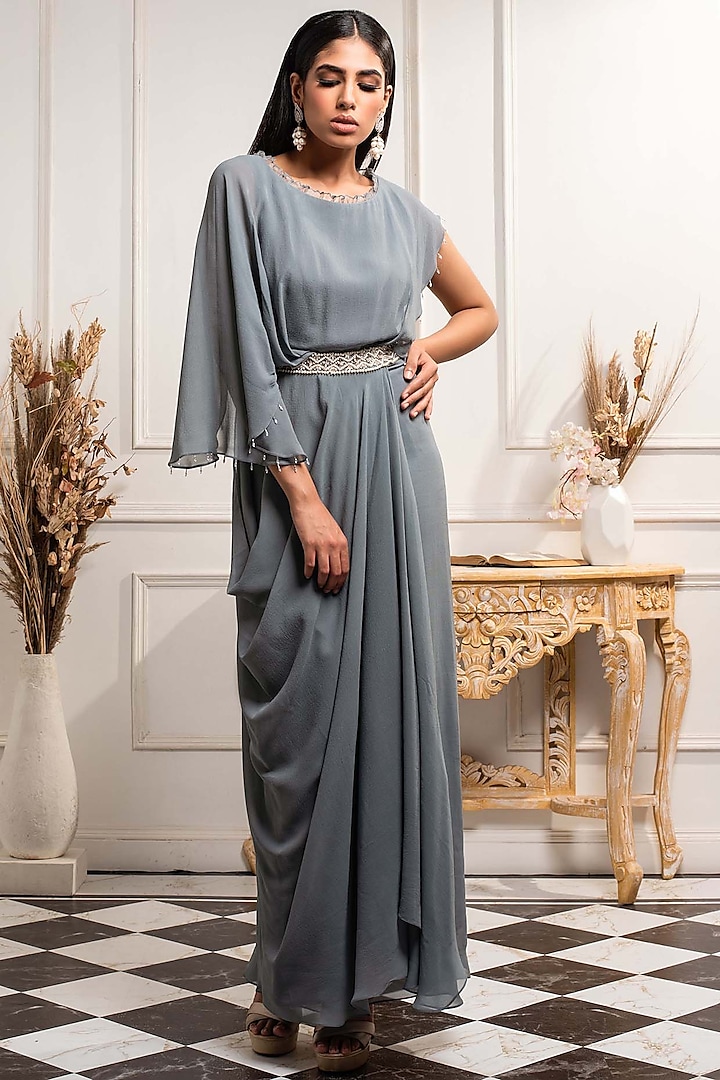 Sky Blue Embroidered Cowl Draped Dress by Seema Thukral