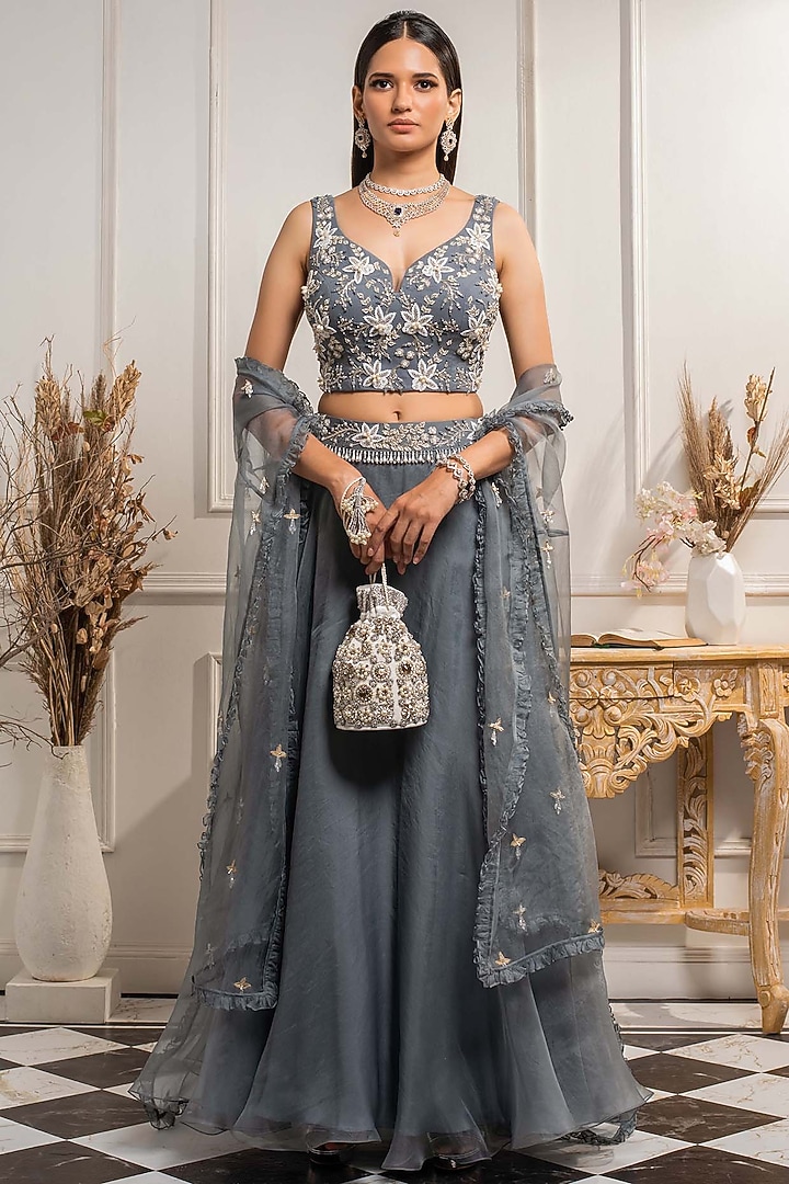 Sky Blue Embellished Skirt Set by Seema Thukral at Pernia's Pop Up Shop