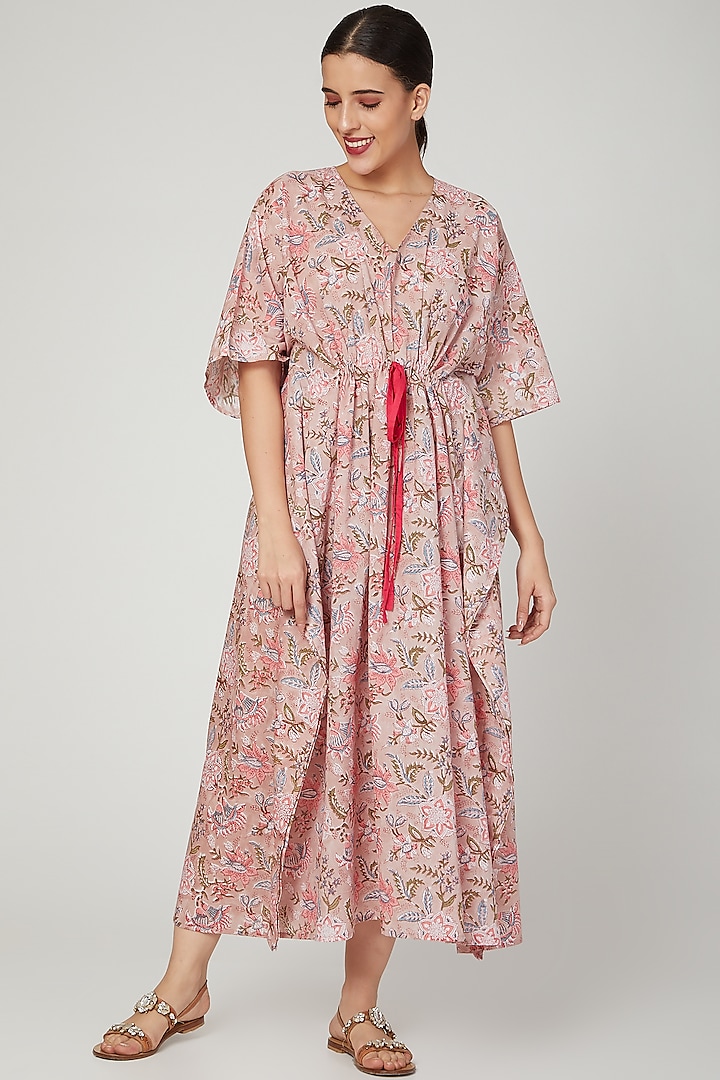 Pink Printed Kaftan Dress With Drawstring by Stitch