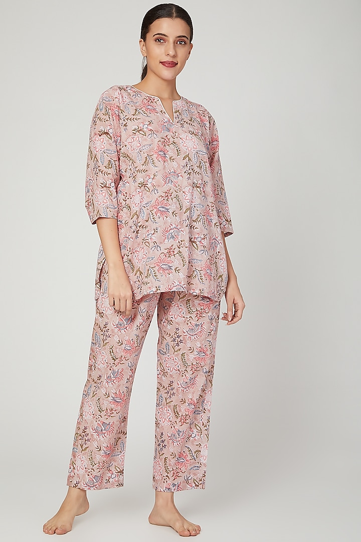 Pink & White Printed Nightwear Set by Stitch