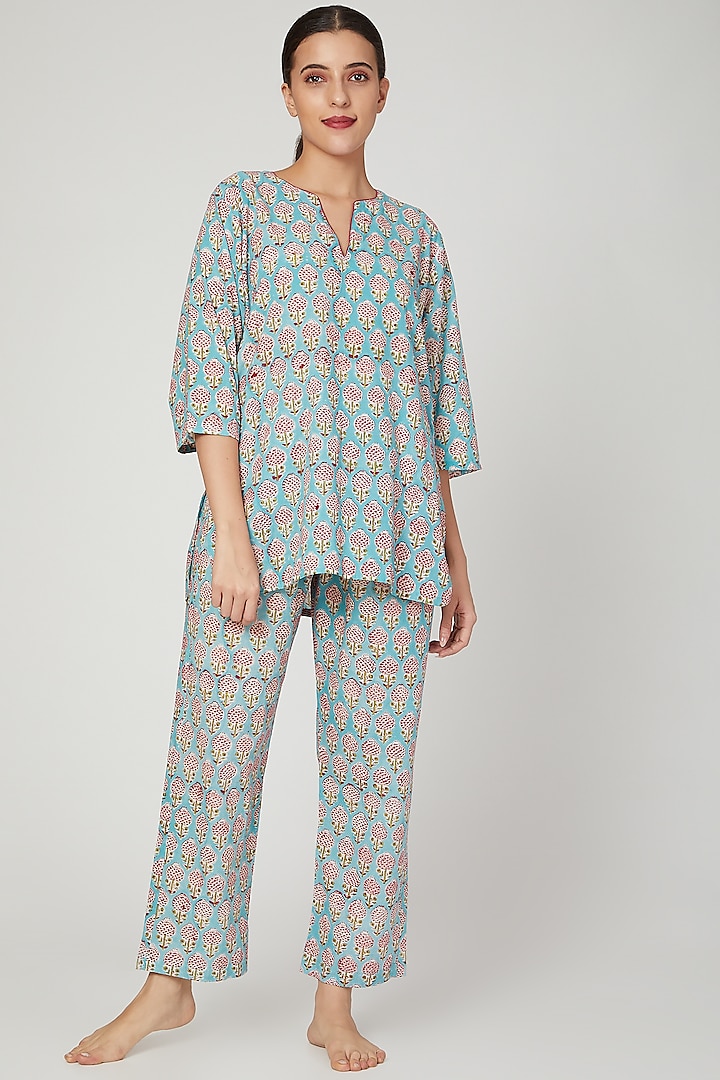 Turquoise Printed Nightwear Set by Stitch