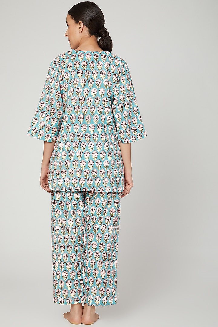 Turquoise Printed Nightwear Set by Stitch at Pernia's Pop Up Shop