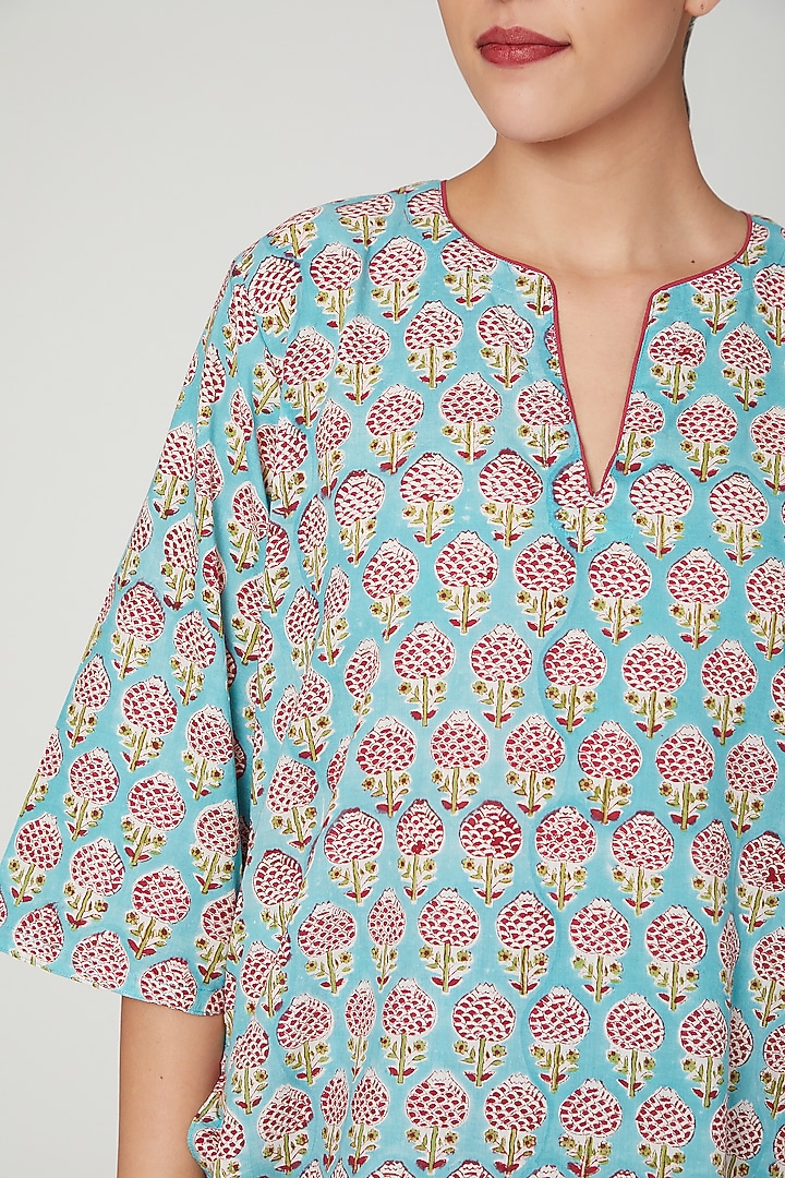 Turquoise Printed Nightwear Set by Stitch at Pernia's Pop Up Shop