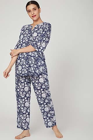 Blue & White Printed Nightwear Set by Stitch