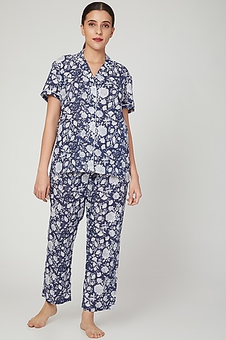Blue & White Printed Nightwear Set by Stitch