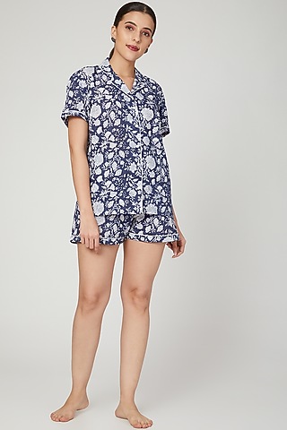 Blue & White Printed Nightwear Set by Stitch
