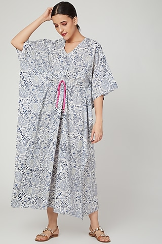 Blue & White Printed Kaftan With Drawstring by Stitch