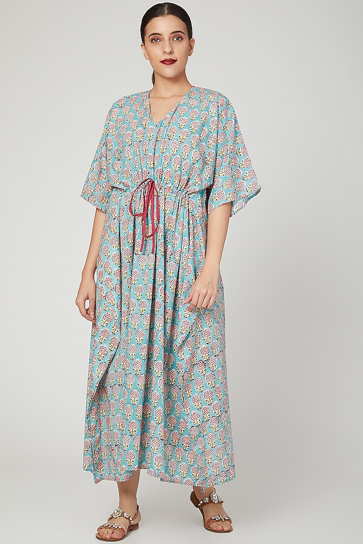 Turquoise Printed Kaftan With Drawstring by Stitch