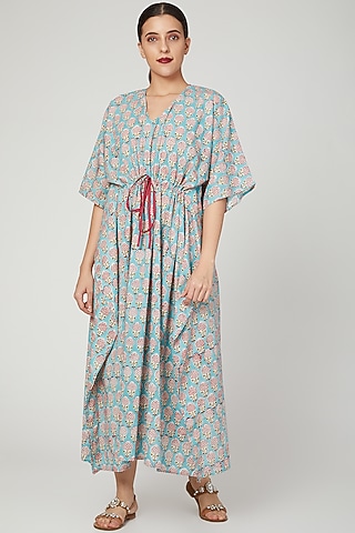 Turquoise Printed Kaftan With Drawstring by Stitch