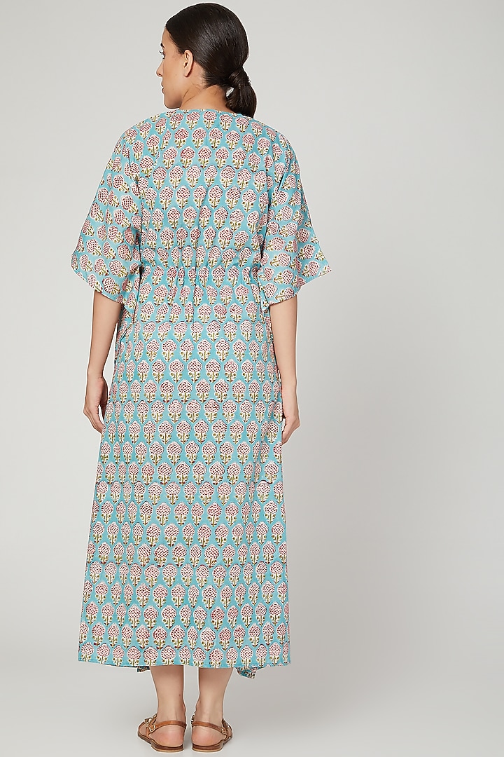 Turquoise Printed Kaftan With Drawstring by Stitch at Pernia's Pop Up Shop