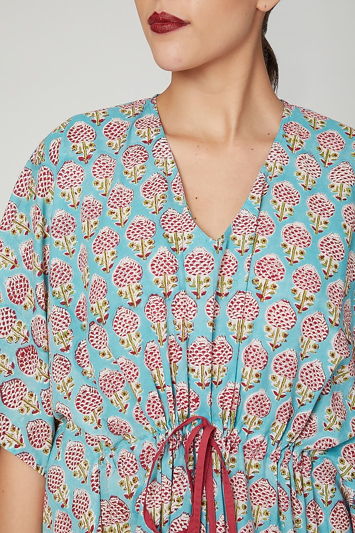Turquoise Printed Kaftan With Drawstring by Stitch at Pernia's Pop Up Shop