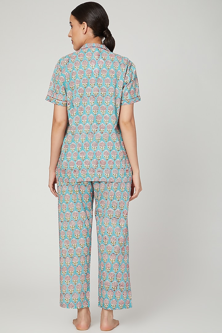 Turquoise Printed Nightwear Set by Stitch at Pernia's Pop Up Shop