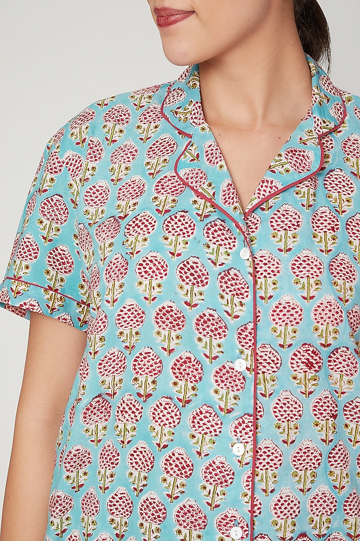Turquoise Printed Nightwear Set by Stitch at Pernia's Pop Up Shop