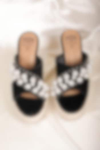 Black Synthetic Leather Pearl Embellished Jute Wedges by STILISTA at Pernia's Pop Up Shop