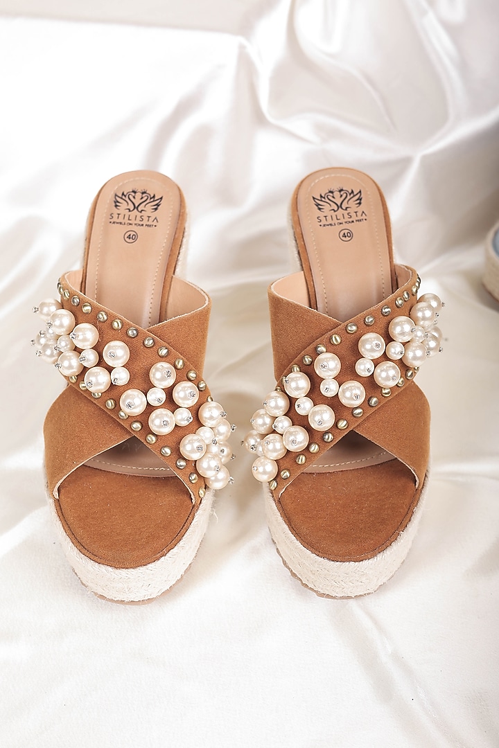 Tan Synthetic Leather Pearl Embellished Jute Wedges by STILISTA at