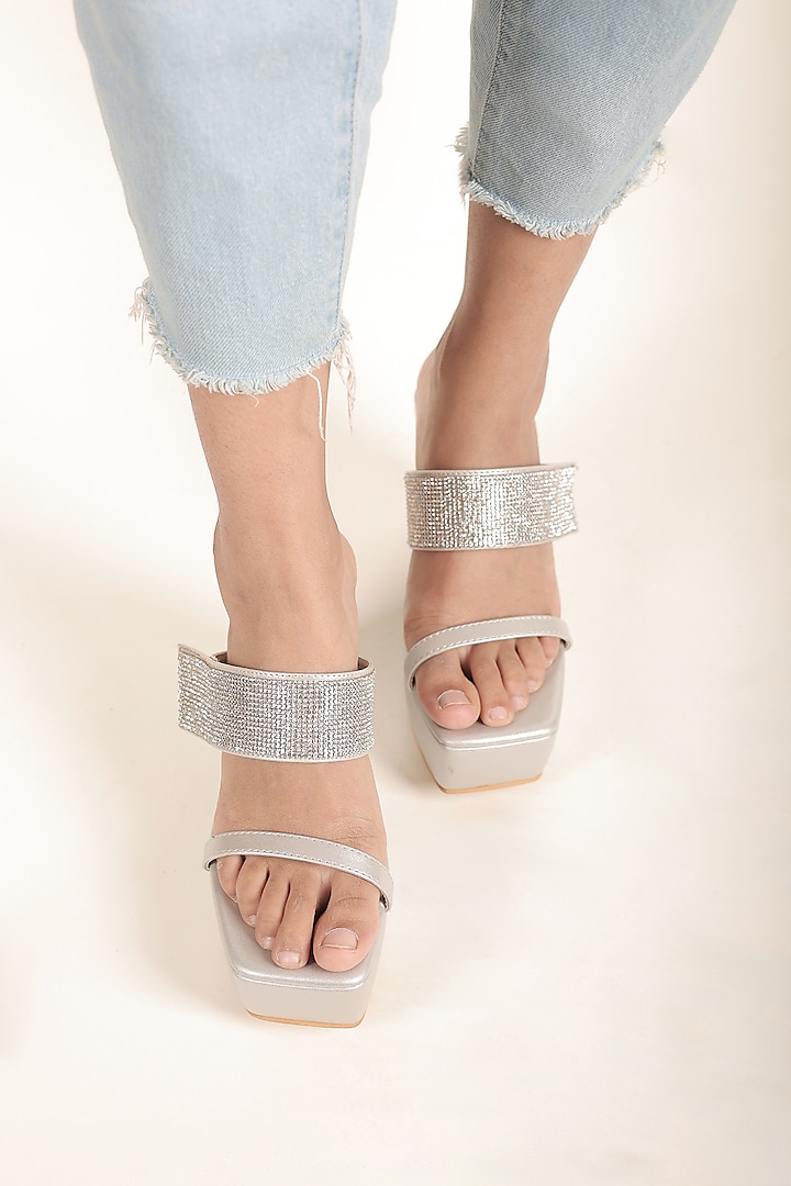 Silver Synthetic Leather Stone Embellished Wedges by STILISTA