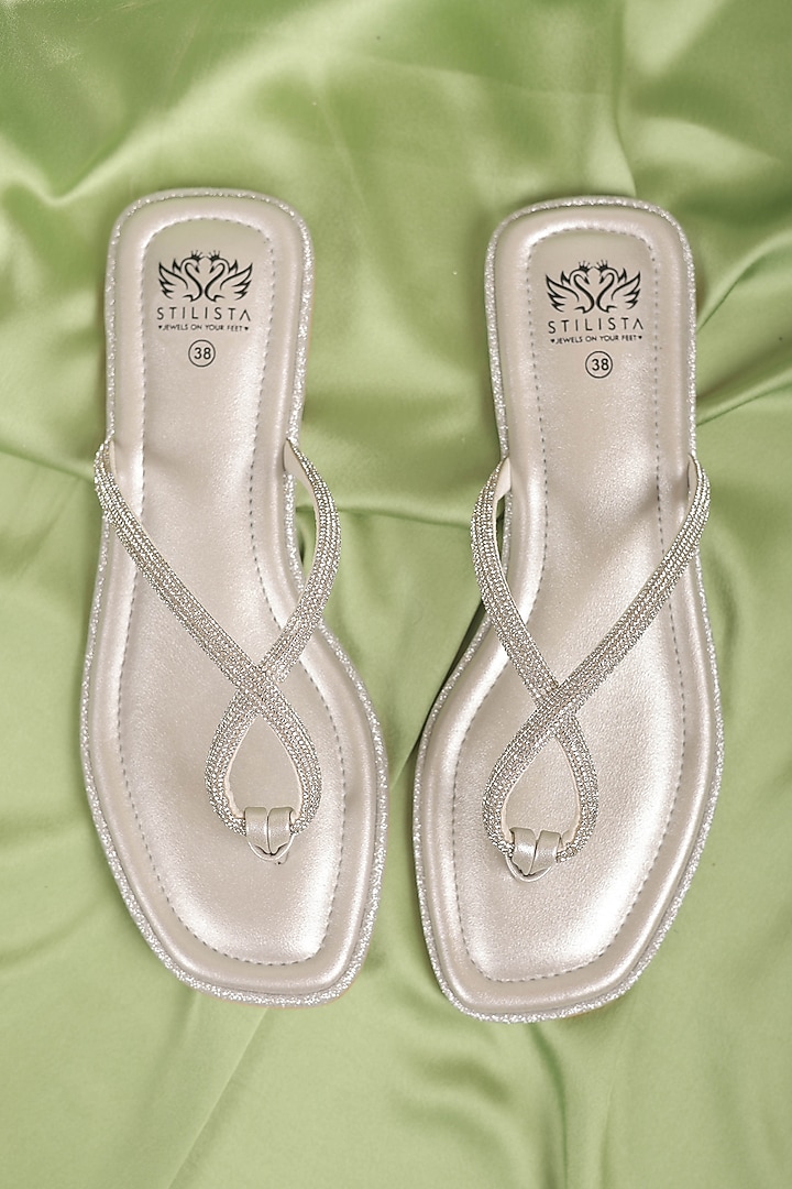 Silver Synthetic Leather Embellished Slide-In Flats by STILISTA at Pernia's Pop Up Shop