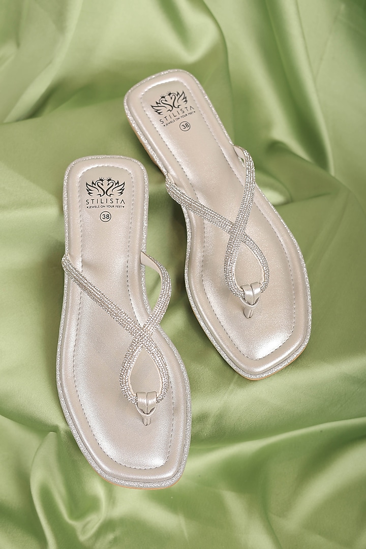Silver Synthetic Leather Embellished Slide-In Flats by STILISTA at Pernia's Pop Up Shop