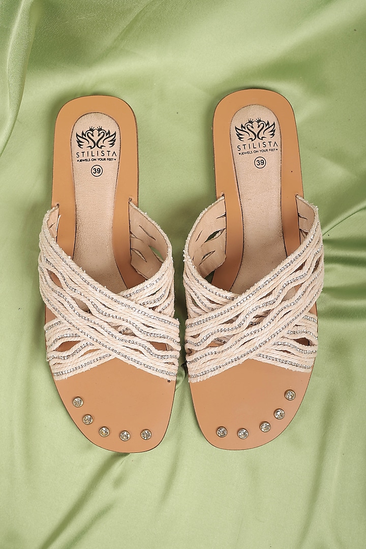 White Synthetic Leather Embellished Round Toe Slides by STILISTA at Pernia's Pop Up Shop