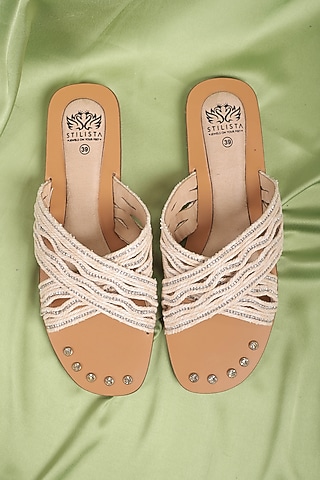 White Synthetic Leather Embellished Round Toe Slides by STILISTA
