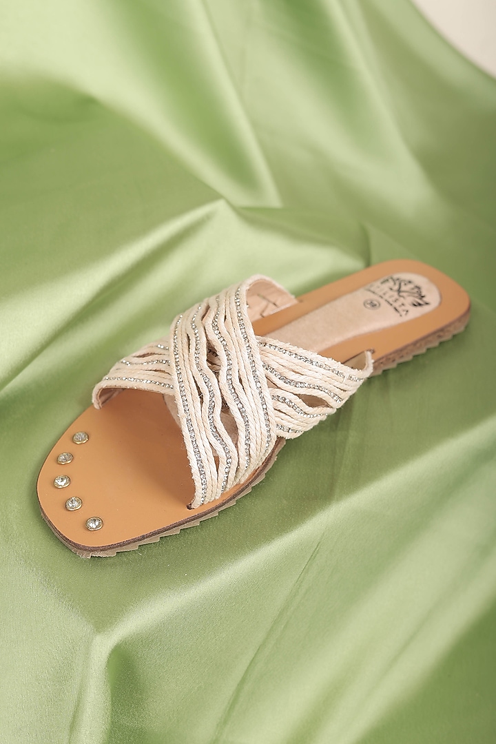 White Synthetic Leather Embellished Round Toe Slides by STILISTA at Pernia's Pop Up Shop