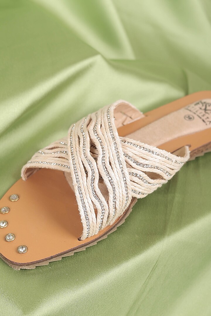 White Synthetic Leather Embellished Round Toe Slides by STILISTA at Pernia's Pop Up Shop