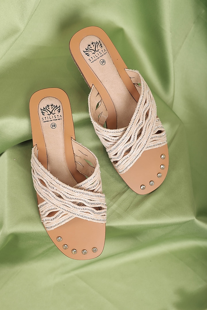 White Synthetic Leather Embellished Round Toe Slides by STILISTA at Pernia's Pop Up Shop