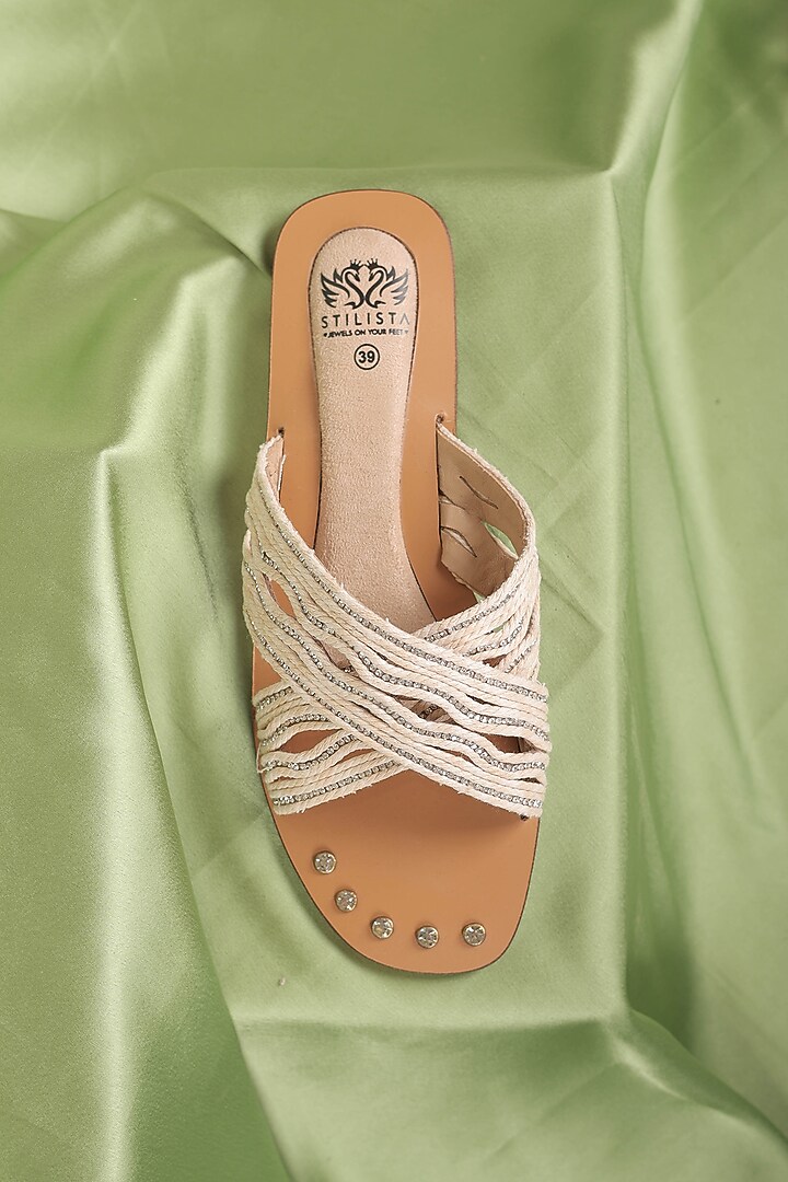 White Synthetic Leather Embellished Round Toe Slides by STILISTA at Pernia's Pop Up Shop