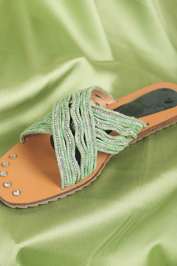 Green Synthetic Leather Embellished Round Toe Slides by STILISTA at Pernia's Pop Up Shop