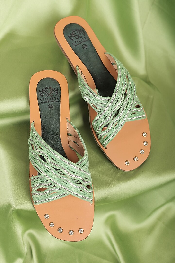 Green Synthetic Leather Embellished Round Toe Slides by STILISTA at Pernia's Pop Up Shop