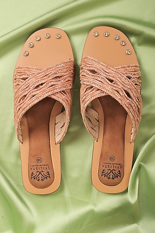 Orange Synthetic Leather Embellished Round Toe Slides by STILISTA