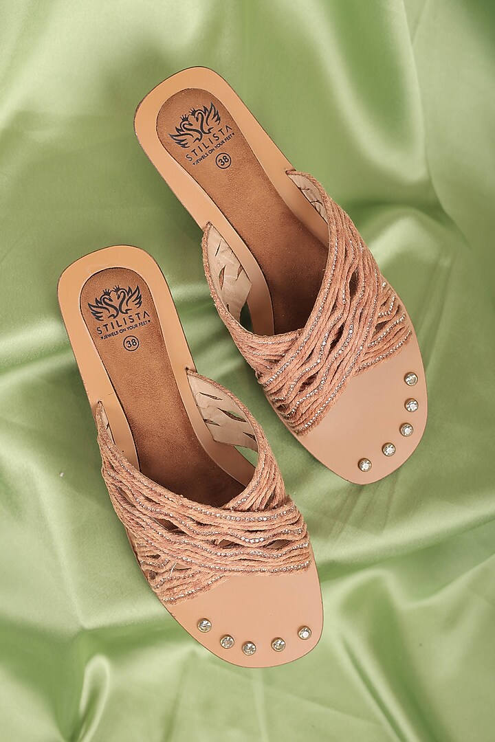 Orange Synthetic Leather Embellished Round Toe Slides by STILISTA at Pernia's Pop Up Shop