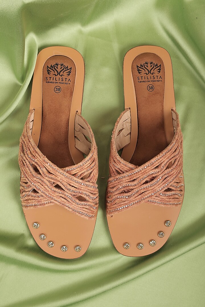 Orange Synthetic Leather Embellished Round Toe Slides by STILISTA at Pernia's Pop Up Shop