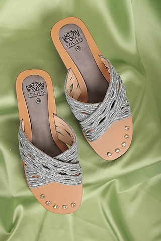 Blue Synthetic Leather Embellished Round-Toe Slides by STILISTA