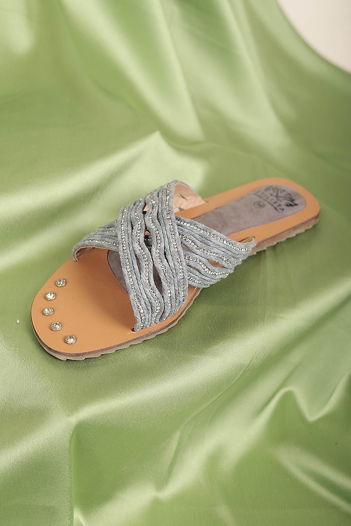 Blue Synthetic Leather Embellished Round-Toe Slides by STILISTA at Pernia's Pop Up Shop