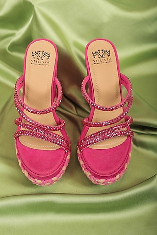Dark Pink Synthetic Leather Embellished Wedges by STILISTA