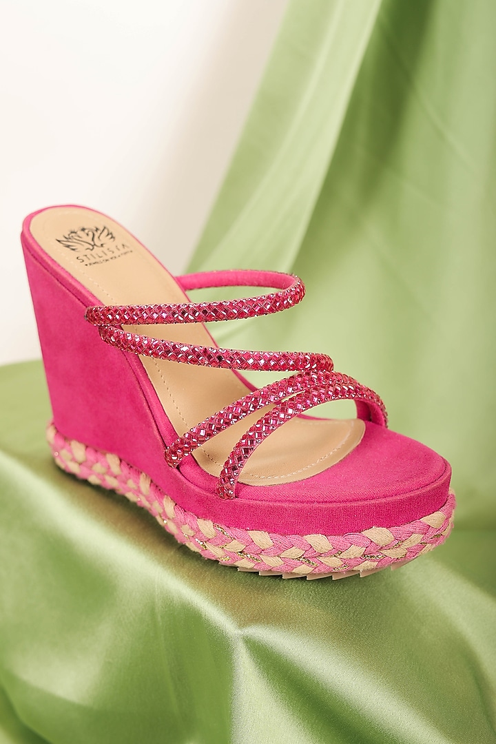 Dark Pink Synthetic Leather Embellished Wedges by STILISTA at Pernia's Pop Up Shop