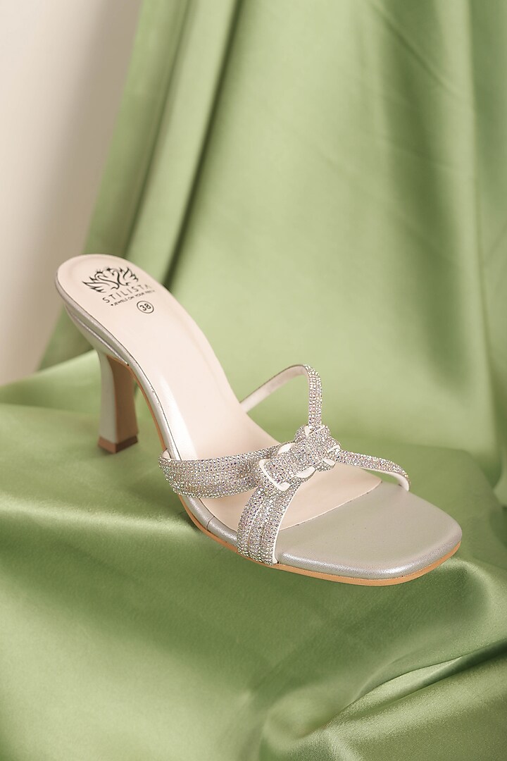 Silver Synthetic Leather Embellished Pointed Heels by STILISTA at Pernia's Pop Up Shop