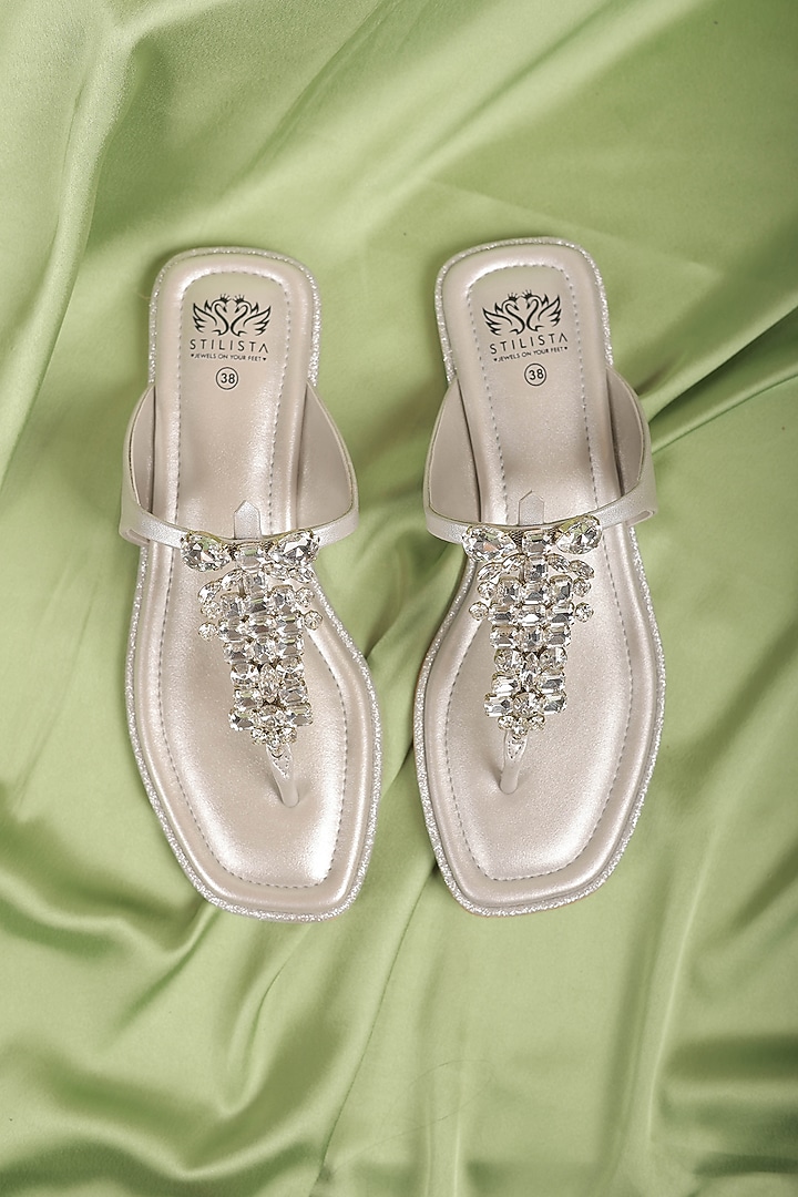 Silver Synthetic Leather Stone Embellished Flats by STILISTA at Pernia's Pop Up Shop