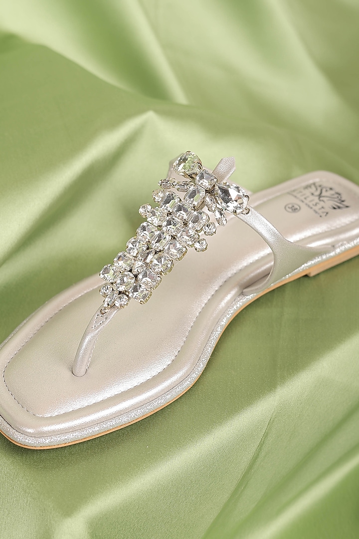 Silver Synthetic Leather Stone Embellished Flats by STILISTA at Pernia's Pop Up Shop
