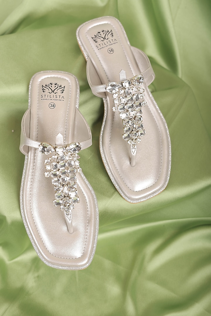Silver Synthetic Leather Stone Embellished Flats by STILISTA at Pernia's Pop Up Shop