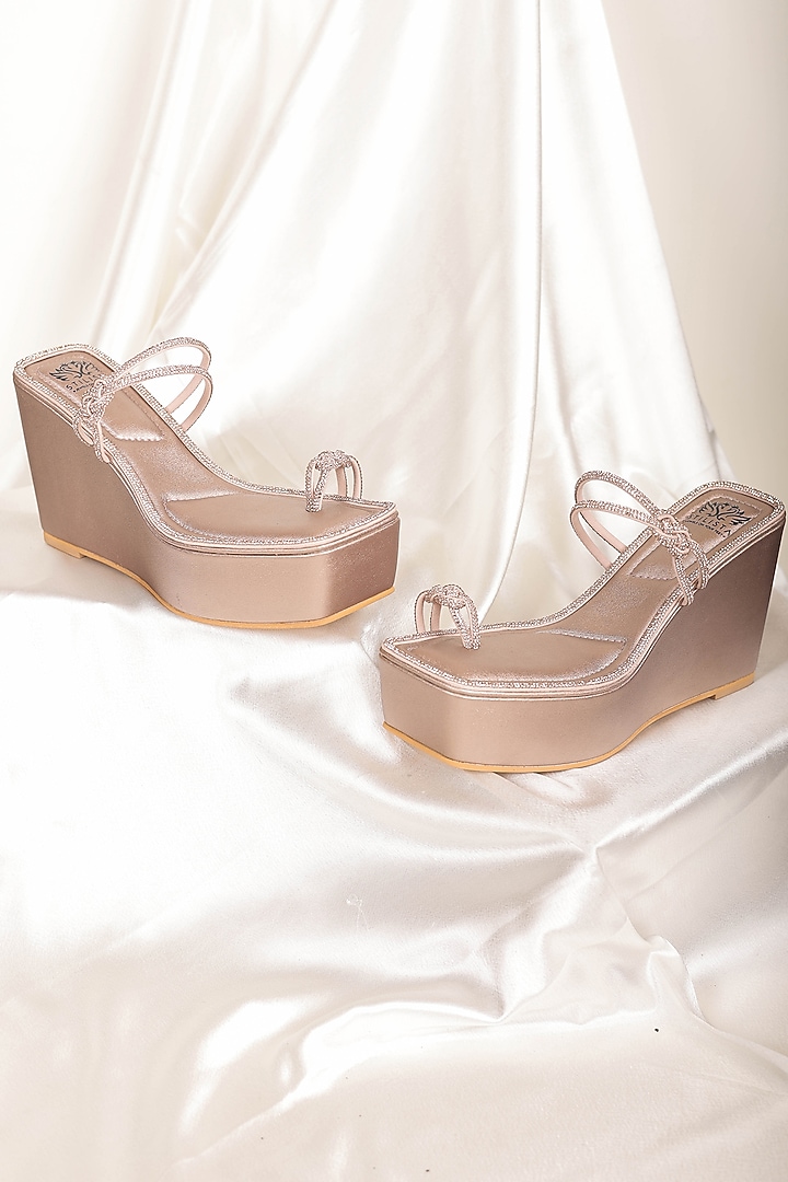 Rose Gold Synthetic Leather Embellished Square-Toe Wedges by STILISTA at Pernia's Pop Up Shop